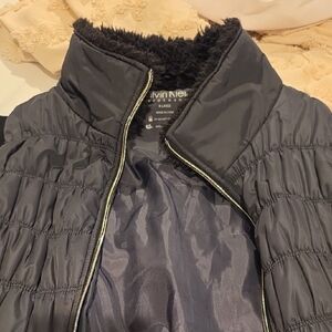 Calvin Klein Women's Dark Gray Quilted Puffer Jacket with Faux Fur Trim
